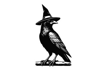 Obraz premium Raven in Witch Hat Illustration, Black and White Halloween Bird on Branch