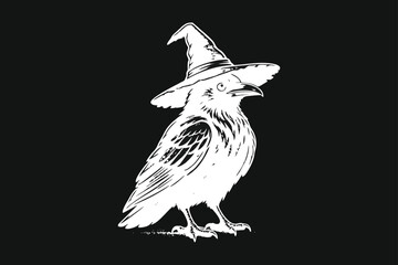 Obraz premium Graphic White Crow or Raven with Witch Hat, Halloween Theme Illustration on Black Background
