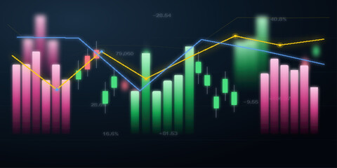 Obraz premium Financial stock market data visualized with candlestick charts and line graphs, depicting trends and fluctuations in trading activity.