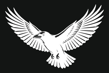 Obraz premium White Raven in Flight with Spread Wings - Vector Graphic Illustration on Black Background