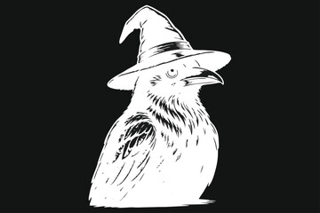 Obraz premium White Raven Wearing Witch Hat Illustration on Black Background. Spooky Crow in Wizard Hat Vector Graphic Design for Halloween.