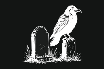 Obraz premium Graphic illustration of a raven perched on an old tombstone in a cemetery, black and white style.