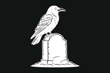 Obraz premium Raven Perched on Gravestone, Minimalist Line Art Illustration