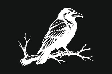 Obraz premium White Vector Illustration of a Raven Perching on a Bare Tree Branch Against a Black Background