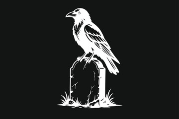 Obraz premium White Raven Perched on Tombstone Vector Illustration