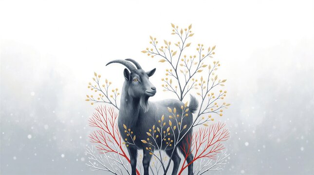 Elegant Goat Surrounded By Lush Branches In A Dreamy Atmosphere