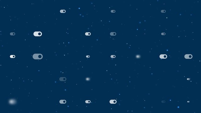 Template animation of evenly spaced toggle switch symbols of different sizes and opacity. Animation of transparency and size. Seamless looped 4k animation on dark blue background with stars