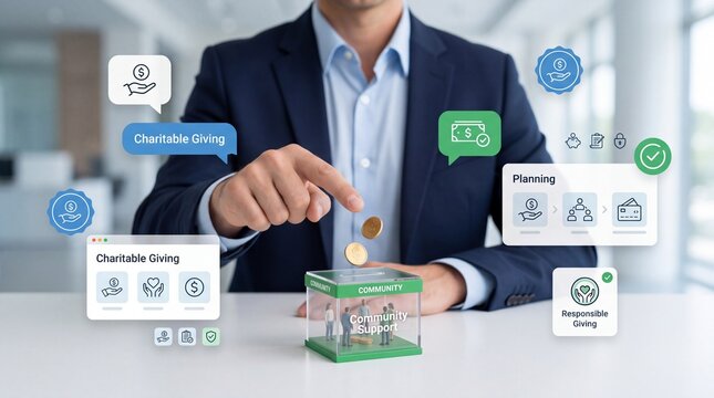 Businessman dropping coins into a community donation box with digital icons for charitable giving