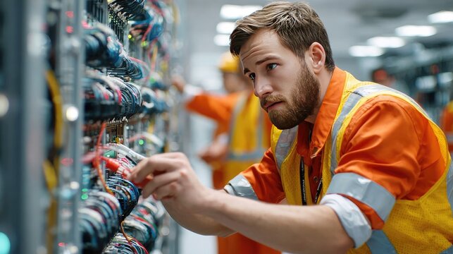 Technician Working in Data Center: A focused technician wearing an orange safety vest and hard hat meticulously inspects server rack cables, his brow furrowed in concentration.