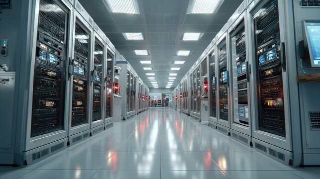 Server Room Symphony: Rows of modern server racks hum with activity in a sleek, brightly lit data center, symbolizing the vast infrastructure of the digital age.