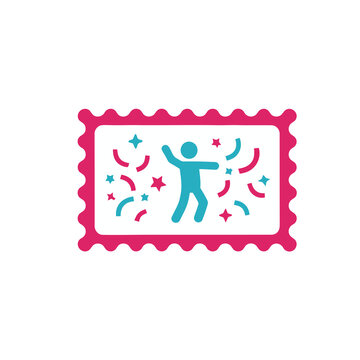 Celebration stamp icon with dancing figure and confetti