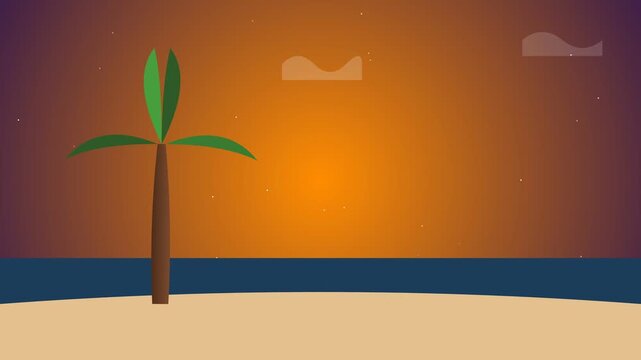 Minimalist tropical sunset illustration with palm tree on beach