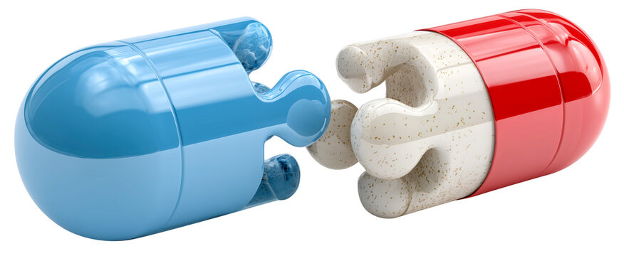 Blue and red capsule with puzzle piece ends symbolizes integration of medicine and human body, representing personalized treatment., isolated