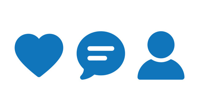 Minimalist blue icon set featuring a heart like icon speech bubble chat bubble and user avatar profile icon speechbubble business communication socialmedia interface favorite
