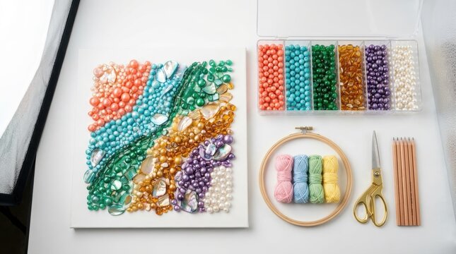 Colorful pearl painting kit with beads arranged on canvas in rainbow waves. Craft set includes bead organizer, embroidery hoop, yarn, scissors and pencils on white table.