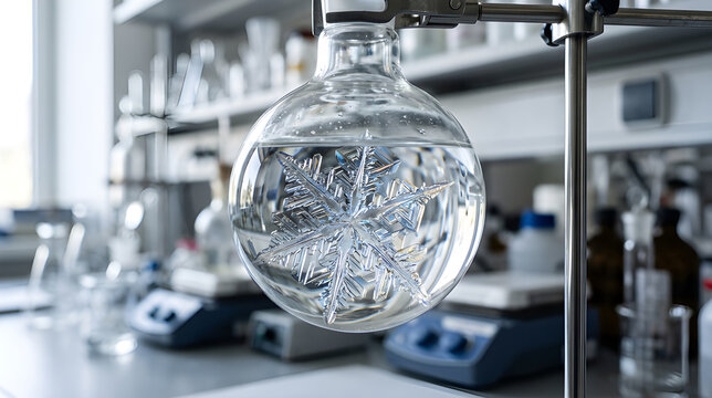 Laboratory glassware containing crystallized chemical compound in professional research facility