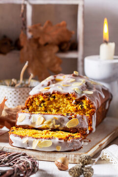 Pumpkin cake with chocolate and icing, prepared for a Halloween party.