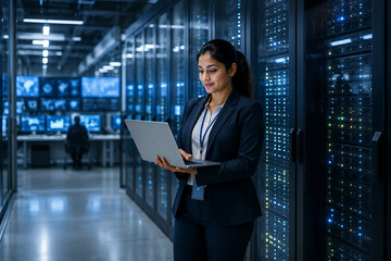Fototapeta premium Woman with laptop stands in a server room with blinking lights and monitors