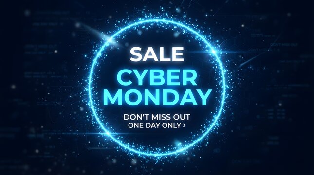 Cyber monday sale announcement with glowing blue circular particle frame, digital technology background, and one day only text