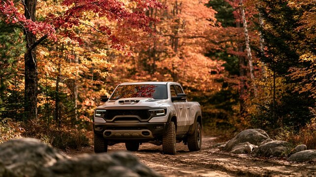 a white pickup truck driving on a dirt trail in a forest during autumn. The truck is in the foreground, with its front end facing the viewer, showcasing its rugged design and large offroad tires.