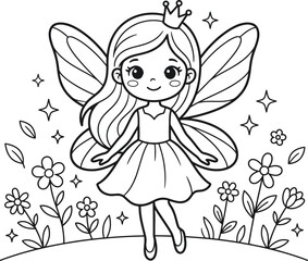 Cute fairy coloring page for kids, magical forest princess with wings and crown, black and white line art illustration for children activity book © Raihan
