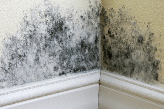 Black mould and fungus on wall near window. The problem of ventilation, dampness, cold in the apartment. Mold spots in the corner of white walls. Spores thrive on moisture quickly grow into colonies