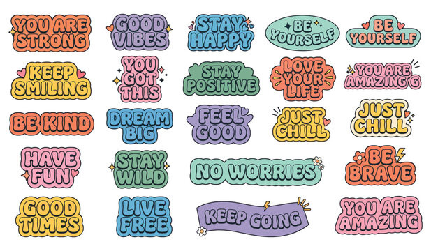 Collection of positive affirmation stickers with decorative typography