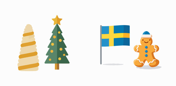 Swedish Christmas Gingerbread House, Tree, Flag, and Gingerbread Man Illustration