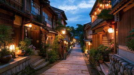 Fototapeta premium a traditional Japanesestyle alleyway at dusk. The alley is lined with wooden buildings, each adorned with hanging lanterns and potted plants, creating a warm, inviting ambiance.