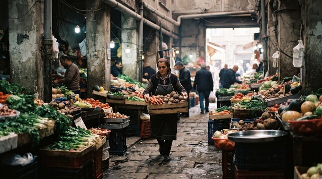 Produce Vendor Carrying Crate Through Underground Market Generative AI
