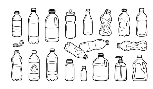Set of hand drawn plastic bottles and containers for recycling and environmental waste management concept