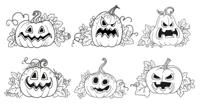 Big funny lanterns from pumpkins with the cut out of grin and leaves set outlined for coloring page
