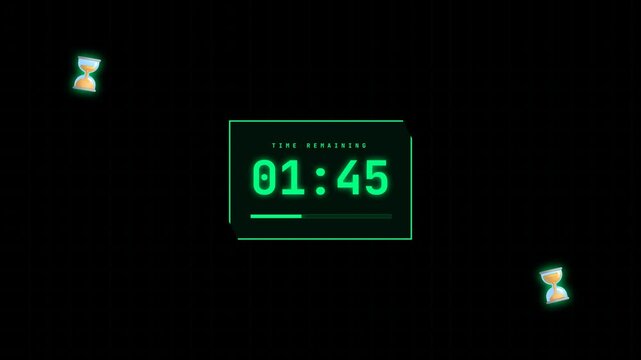 Digital countdown timer with glowing hourglasses on black background