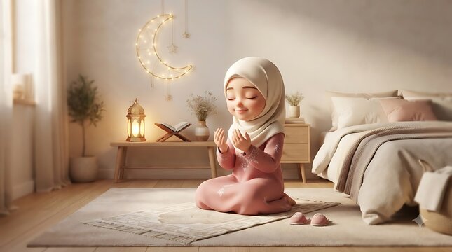 Adorable muslim girl in hijab praying peacefully in a warm bedroom