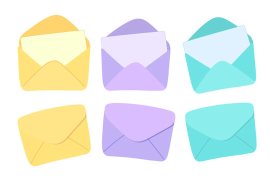 Vector illustration of cute pastel open and closed envelopes with letters. Colorful mail set isolated objects.