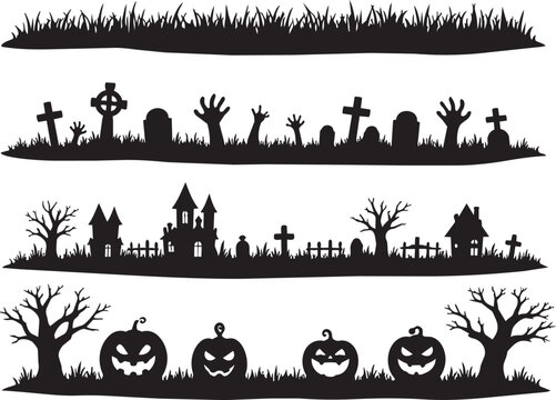 Set of spooky Halloween silhouette borders featuring graveyards haunted houses and jack-o-lanterns perfect for seasonal designs and decorations