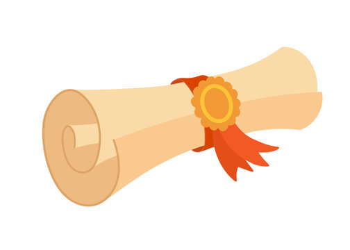Vector illustration of a rolled diploma with red ribbon and seal. Flat isolated education award for graduation and achievement.