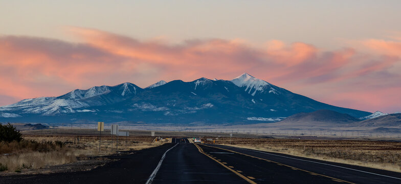 Early Morning Panoramic View Of Snow Clad San Francisco Peaks From Highway 89 In Arizona 