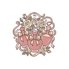 Fototapeta premium Vintage style illustration of perfume bottles decorated with roses and ribbons.