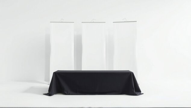 Minimalist display setup with table and banners