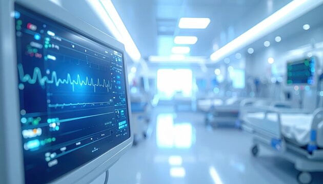 Modern hospital intensive care unit with vital signs monitor and patient beds.