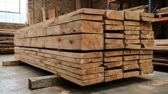 Stacked wooden planks stored in a warehouse for construction and carpentry