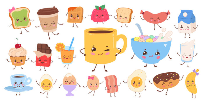 Cute breakfast food characters with happy faces. Vector illustration of a colorful isolated kawaii meal collection.