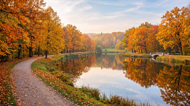 Autumn park river reflection photo travel tourism marketing