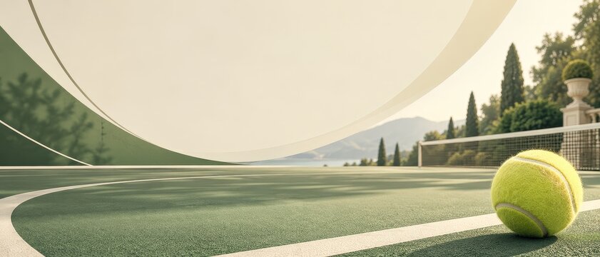 Tennis matchday announcement with copy space on a green court featuring a tennis ball and scenic background