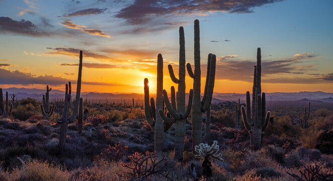 Panoramic Desert Sunset Landscape With Cactus & Distant Valley Of The Sun View.