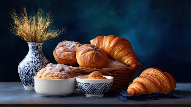 editorial shot of a selection of delicious baked goods, variety of danish, croissant, on a table in style of still life, on a dark blue background, realistic textures, composition 