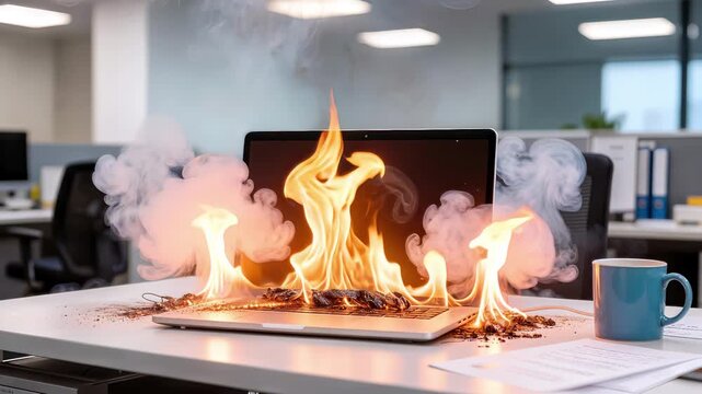 Burning laptop computer on office desk with thick smoke and sparks. Overheated electronic device causing fire hazard in workplace. Lockdown medium shot.