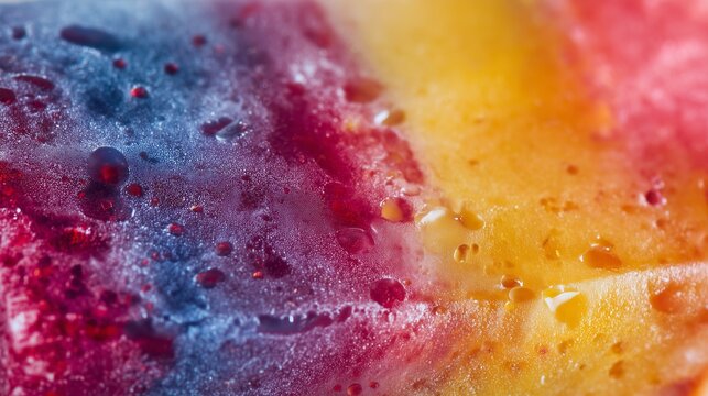 Close-up of a colorful popsicle surface melting with juicy fruit ice texture