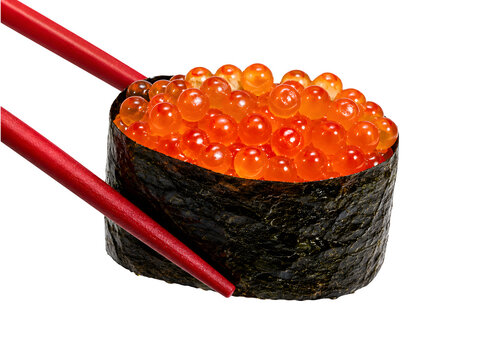 Salmon roe gunkan sushi, red caviar nigiri with chopsticks, japanese seafood isolated on Transparent Background